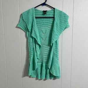Rue‎ 21 Y2K Teal Crochet Knit Cardigan Women's Size S Short Sleeve Open Front